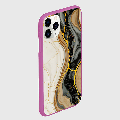 Чехол iPhone 11 Pro матовый Золотистые прожилки в мраморе / 3D-Фиолетовый – фото 2