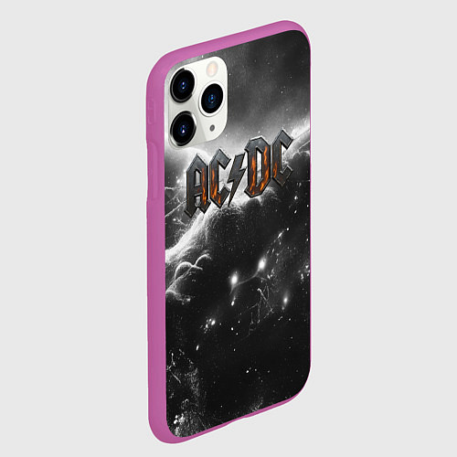 Чехол iPhone 11 Pro матовый ACDC металлический лого черно-белая текстура / 3D-Фиолетовый – фото 2