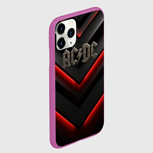 Чехол iPhone 11 Pro матовый ACDC лого из металла на черно-красной текстуре / 3D-Фиолетовый – фото 2