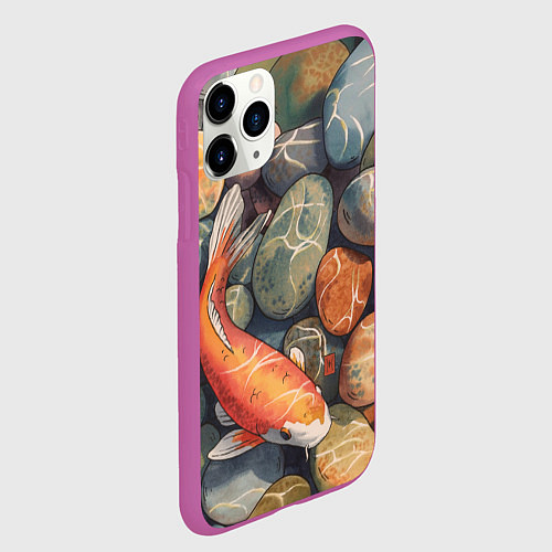 Чехол iPhone 11 Pro матовый Акварельный Кои карп и камушки галька / 3D-Фиолетовый – фото 2
