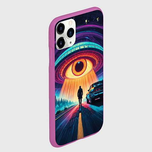 Чехол iPhone 11 Pro матовый НЛО в форме глаза и человек на дороге / 3D-Фиолетовый – фото 2