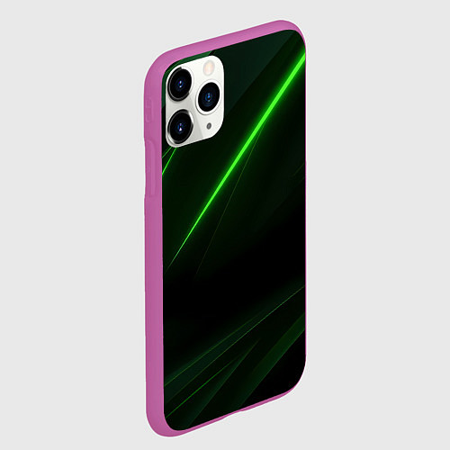 Чехол iPhone 11 Pro матовый Зеленая текстура с неоновыми линиями / 3D-Фиолетовый – фото 2