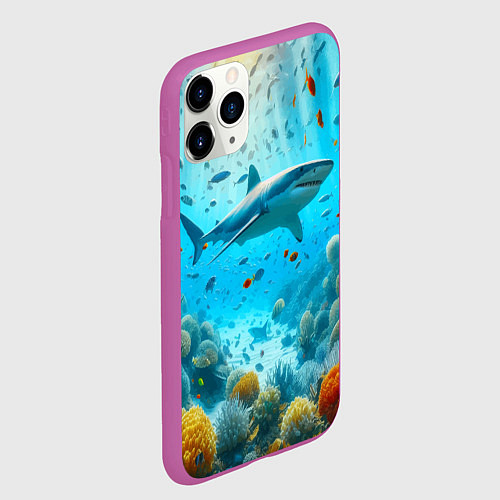 Чехол iPhone 11 Pro матовый Белая акула в коралловом рифе / 3D-Фиолетовый – фото 2
