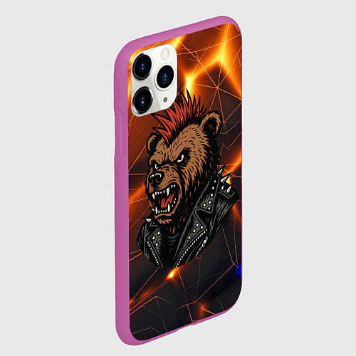 Чехол iPhone 11 Pro матовый Медведь панк в косухе / 3D-Фиолетовый – фото 2