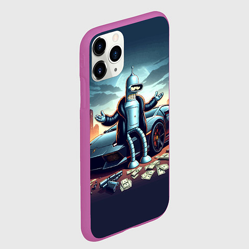 Чехол iPhone 11 Pro матовый Бендер рядом с Ламбо и рассыпанным баблом / 3D-Фиолетовый – фото 2