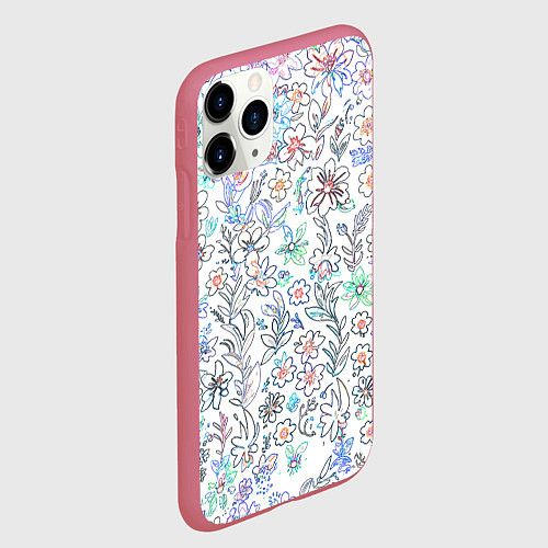 Чехол iPhone 11 Pro матовый Белый в рисованный цветочек / 3D-Малиновый – фото 2