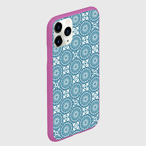 Чехол iPhone 11 Pro матовый Бело - голубой ажурный кружевной узор ретро / 3D-Фиолетовый – фото 2
