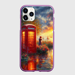Чехол iPhone 11 Pro матовый Пейзаж с красной телефонной будкой, цвет: 3D-фиолетовый