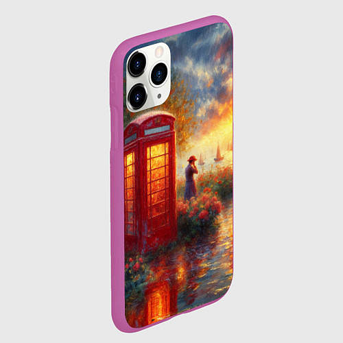 Чехол iPhone 11 Pro матовый Пейзаж с красной телефонной будкой / 3D-Фиолетовый – фото 2