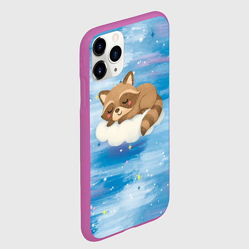 Чехол iPhone 11 Pro матовый Милый енот спит на облаке / 3D-Фиолетовый – фото 2