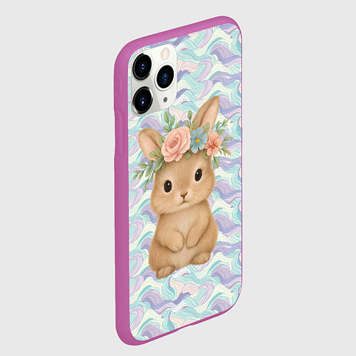 Чехол iPhone 11 Pro матовый Зайчик с венком из цветов на голове / 3D-Фиолетовый – фото 2