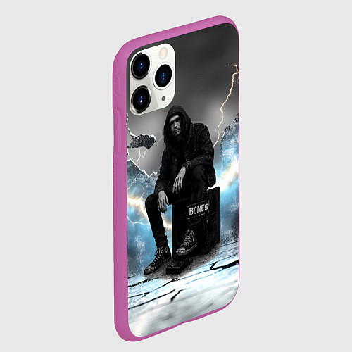 Чехол iPhone 11 Pro матовый Bones на фоне молний / 3D-Фиолетовый – фото 2