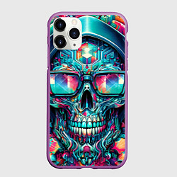 Чехол iPhone 11 Pro матовый Кибер череп в балахоне и очках - нейроарт фантазия, цвет: 3D-фиолетовый