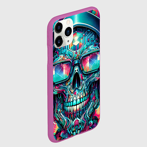 Чехол iPhone 11 Pro матовый Кибер череп в балахоне и очках - нейроарт фантазия / 3D-Фиолетовый – фото 2