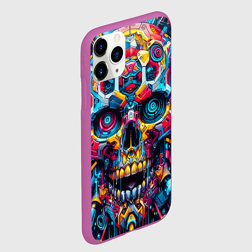 Чехол iPhone 11 Pro матовый Кибер череп - нейроарт паттерн / 3D-Фиолетовый – фото 2