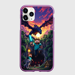 Чехол iPhone 11 Pro матовый Дракон края и Стив - Майнкрафт арт, цвет: 3D-фиолетовый