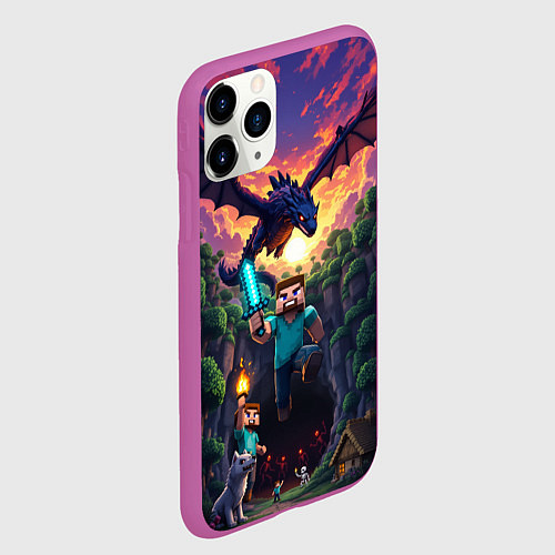 Чехол iPhone 11 Pro матовый Дракон края и Стив - Майнкрафт арт / 3D-Фиолетовый – фото 2