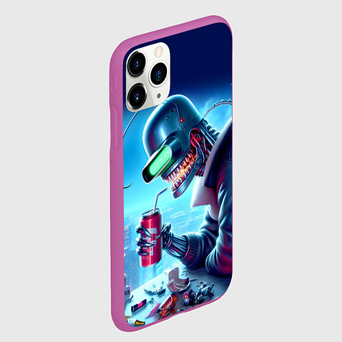 Чехол iPhone 11 Pro матовый Кибер Бендер пьёт лимонад - неоновое свечение / 3D-Фиолетовый – фото 2
