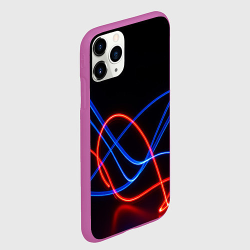 Чехол iPhone 11 Pro матовый Красно синие неоновые линии на черном фоне / 3D-Фиолетовый – фото 2