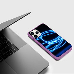Чехол iPhone 11 Pro матовый Неоновые голубые волны на черном фоне, цвет: 3D-фиолетовый — фото 2