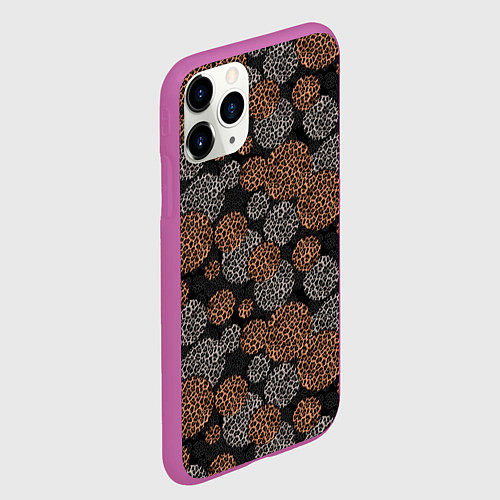 Чехол iPhone 11 Pro матовый Крупный горох серый желтый с леопардовой текстурой / 3D-Фиолетовый – фото 2