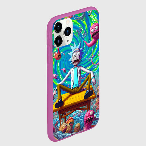 Чехол iPhone 11 Pro матовый Рик Санчес сидит на столе в окружении монстров / 3D-Фиолетовый – фото 2