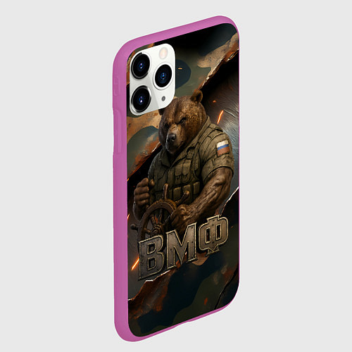 Чехол iPhone 11 Pro матовый ВМФ медведь у штурвала на фоне камуфляжа / 3D-Фиолетовый – фото 2