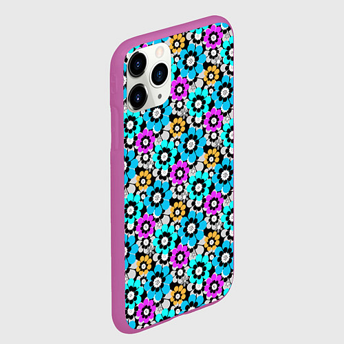 Чехол iPhone 11 Pro матовый Разноцветные цветы бирюзовые малиновые синие / 3D-Фиолетовый – фото 2