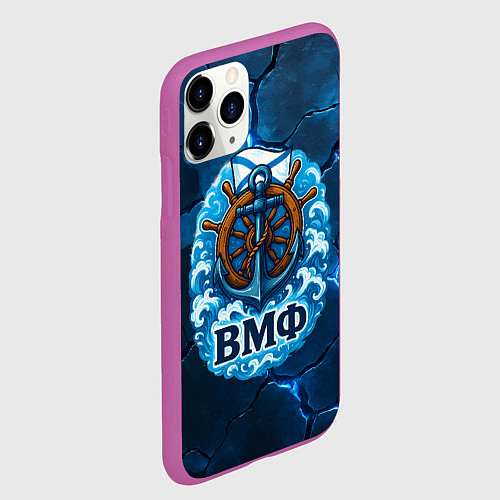 Чехол iPhone 11 Pro матовый Штурвал ВМФ - на фоне светящихся разломов / 3D-Фиолетовый – фото 2