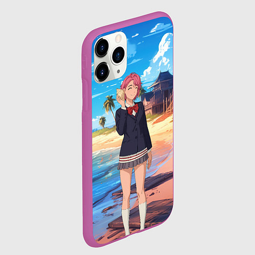 Чехол iPhone 11 Pro матовый Дандадан Сиратори Айра с ракушкой в руках / 3D-Фиолетовый – фото 2