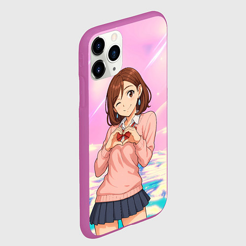 Чехол iPhone 11 Pro матовый Сиратори Айра делает сердечко руками - Дандадан / 3D-Фиолетовый – фото 2
