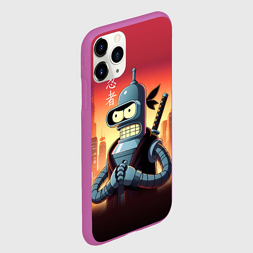 Чехол iPhone 11 Pro матовый Крутой ниндзя Бендер в ночном городе / 3D-Фиолетовый – фото 2