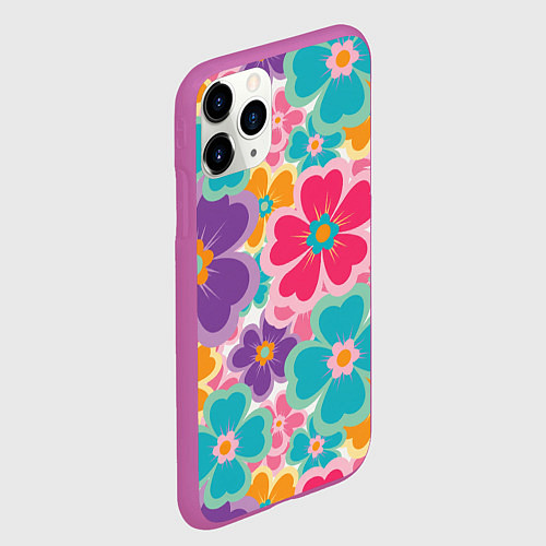 Чехол iPhone 11 Pro матовый Яркий цветочный калейдоскоп - узор в стиле ретро / 3D-Фиолетовый – фото 2