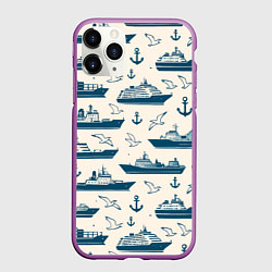 Чехол iPhone 11 Pro матовый Морской паттерн из чаек, якорей и кораблей, цвет: 3D-фиолетовый