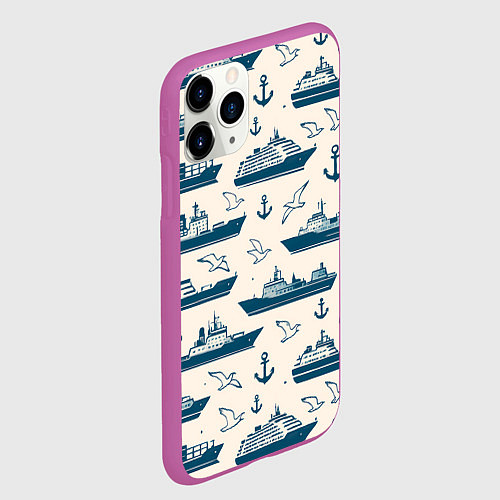 Чехол iPhone 11 Pro матовый Морской паттерн из чаек, якорей и кораблей / 3D-Фиолетовый – фото 2