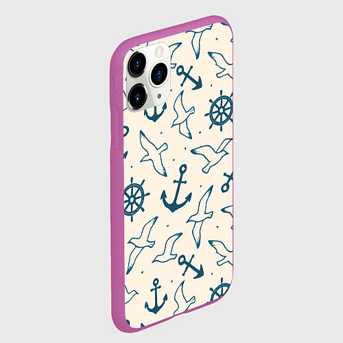 Чехол iPhone 11 Pro матовый Морской паттерн из штурвалов, чаек и якорей / 3D-Фиолетовый – фото 2