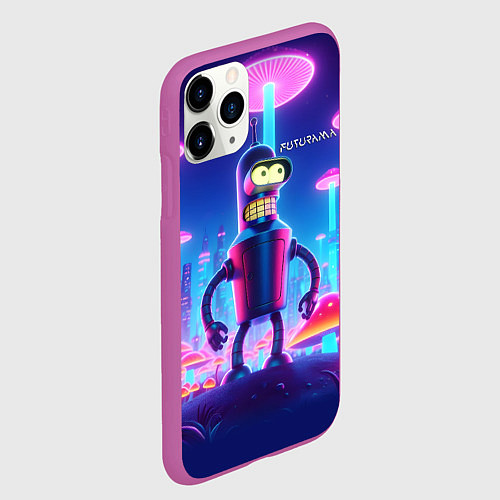 Чехол iPhone 11 Pro матовый Робот-сгибальщик Бендер в неоновом грибном мегапол / 3D-Фиолетовый – фото 2