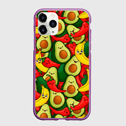 Чехол iPhone 11 Pro матовый Авокадо, бананы, перцы чили улыбаются - паттерн фр, цвет: 3D-фиолетовый