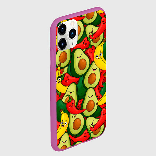 Чехол iPhone 11 Pro матовый Авокадо, бананы, перцы чили улыбаются - паттерн фр / 3D-Фиолетовый – фото 2
