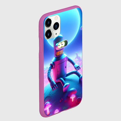 Чехол iPhone 11 Pro матовый Bender bending robot on the amazing neon mushroom / 3D-Фиолетовый – фото 2