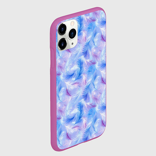 Чехол iPhone 11 Pro матовый Узор из голубых и сиреневых перьев / 3D-Фиолетовый – фото 2