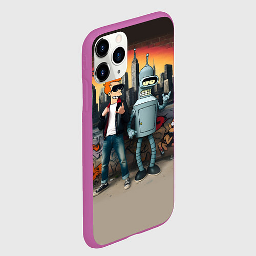 Чехол iPhone 11 Pro матовый Фрай и Бендер на фоне стены с граффити / 3D-Фиолетовый – фото 2