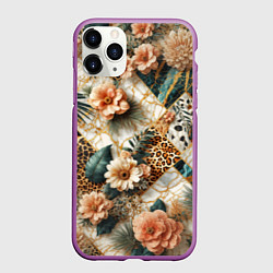 Чехол iPhone 11 Pro матовый Цветы на кусках мрамора и леопардовом узоре, цвет: 3D-фиолетовый