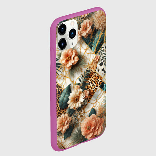 Чехол iPhone 11 Pro матовый Цветы на кусках мрамора и леопардовом узоре / 3D-Фиолетовый – фото 2