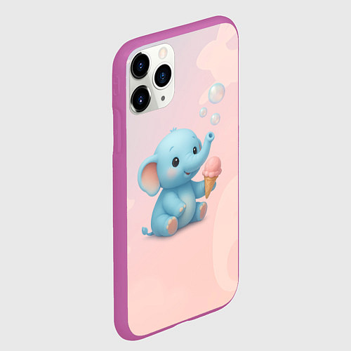 Чехол iPhone 11 Pro матовый Маленький слоненок с мороженым пускает пузыри / 3D-Фиолетовый – фото 2