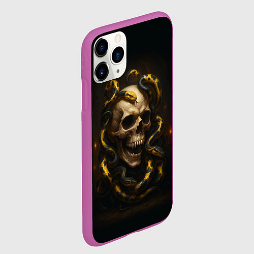Чехол iPhone 11 Pro матовый Череп и жёлто-чёрные змеи / 3D-Фиолетовый – фото 2