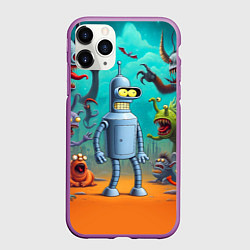 Чехол iPhone 11 Pro матовый Робот-сгибальщик Бендер в окружении монстров, цвет: 3D-фиолетовый
