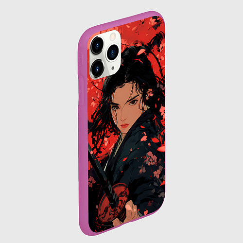 Чехол iPhone 11 Pro матовый Девушка самурай и сакура / 3D-Фиолетовый – фото 2