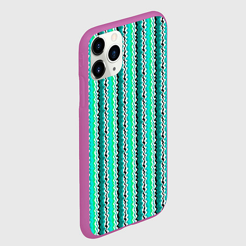 Чехол iPhone 11 Pro матовый Вертикальные бирюзовые зеленые волнистые полосы / 3D-Фиолетовый – фото 2