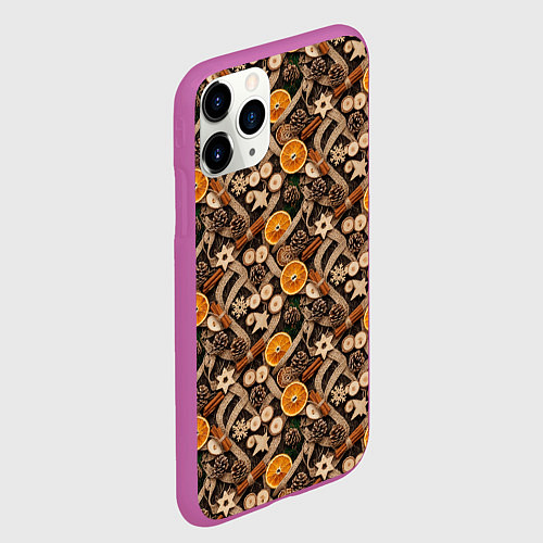 Чехол iPhone 11 Pro матовый Новогодний орнамент с корицей и дольками апельсина / 3D-Фиолетовый – фото 2
